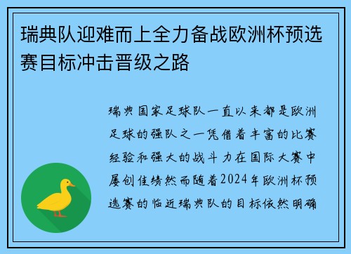 瑞典队迎难而上全力备战欧洲杯预选赛目标冲击晋级之路