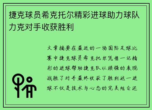 捷克球员希克托尔精彩进球助力球队力克对手收获胜利