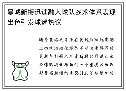 曼城新援迅速融入球队战术体系表现出色引发球迷热议